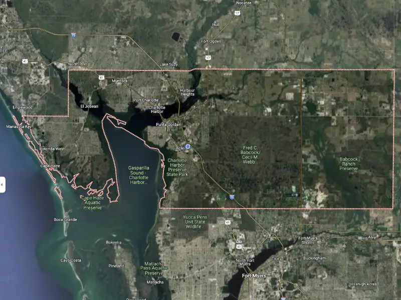 Map view of Charlotte County, Florida, highlighting the area serviced by Kuykendall Roofing for residential and commercial roofing, including Punta Gorda and Port Charlotte