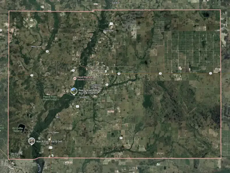 Satellite map of Desoto County, Florida, representing Kuykendall Roofing’s coverage for roof repairs, soffit, fascia, and storm restoration