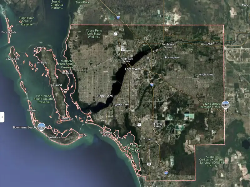 Service area map of Lee County, Florida, highlighting Kuykendall Roofing’s coverage for Fort Myers, Cape Coral, and Bonita Springs