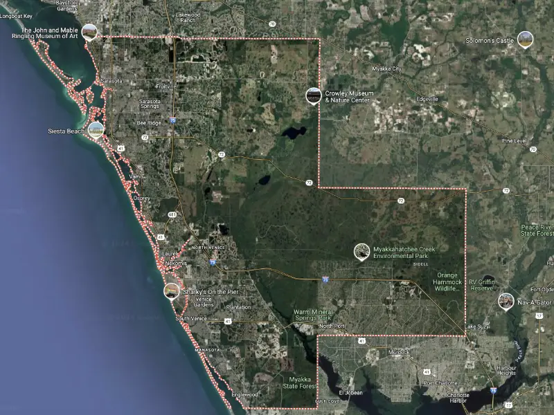 Sarasota County map displaying service areas covered by Kuykendall Roofing, including Sarasota, Venice, and North Port