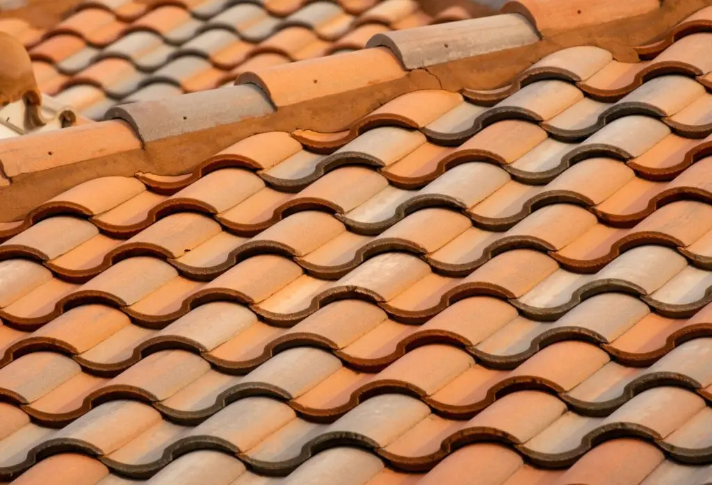 Terracotta clay tiles with a curved, interlocking pattern, highlighting the classic style of tile roofing.